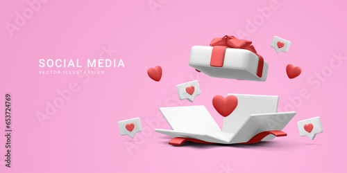 3d realistic open gift box with hearts and likes. Vector illustration