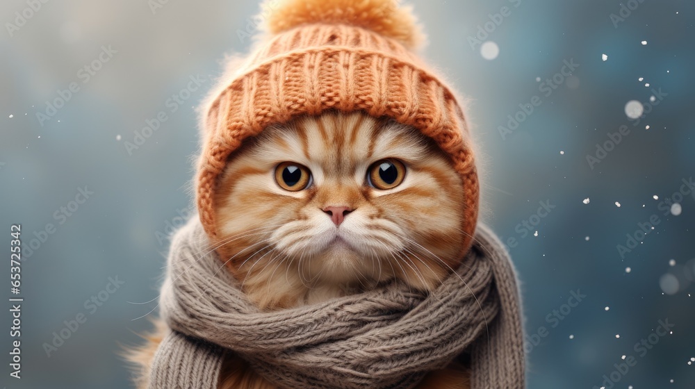 Cute ginger cat in knitted hat and scarf on winter background. Ai generative Cute ginger cat in knitted hat and scarf on winter background. Ai generative