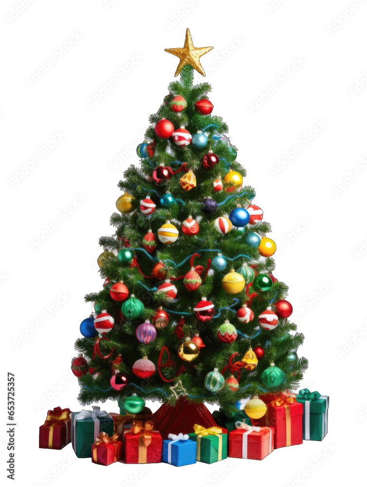 Christmas tree with toys isolated on transparent and white background. Png transparent