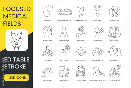Focused medical fields, medical professions icons set, editable stroke, pulmonology and dermatologist, cardiologist and infectionist, endocrinologist and embryologist, emergency and doctor, therapist