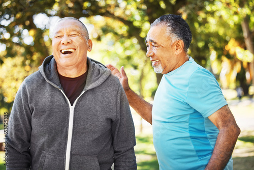 Fitness, laughing and senior men in park for wellness, healthy body and wellbeing in retirement, Friends, happy and mature people with smile, talking and joy outdoors for exercise, workout and sports