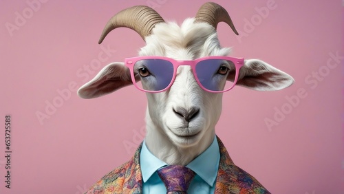 Cool looking goat wearing funky fashion dress jacket  tie  glasses on pastel
