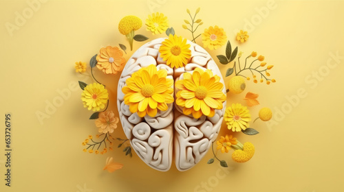 World mental health awareness day. Human brain and flowers on a yellow background