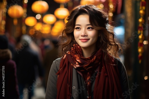 Young Chinese woman outdoors against Chinese festival lanterns. Chinese New Year. AI Generative