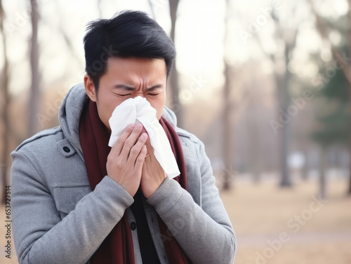 Asian young man fell ill and blew his nose into a tissue outdoors