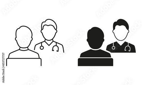 Hospital Physician Counseling Patient Pictogram Collection. Patient Consultation with Doctor Line and Silhouette Black Icon Set. Dialog About Health Care Symbol. Isolated Vector Illustration