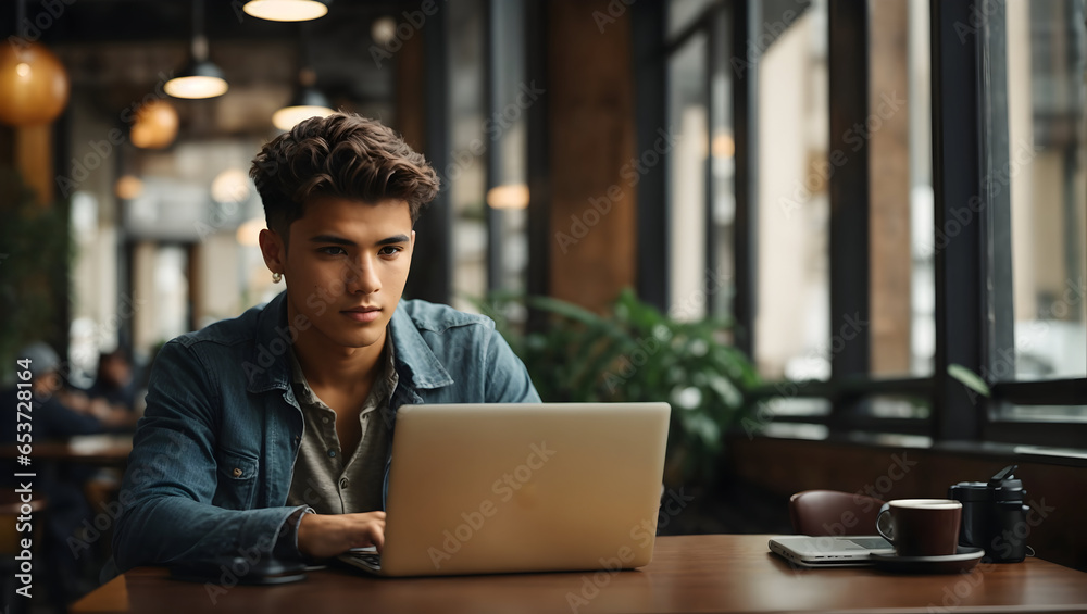 Young man working on laptop, boy freelancer or student with computer in cafe at table looking in camera. Young man working on laptop, boy freelancer or student with computer in cafe at table looking in camera.