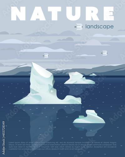 Arctic landscape with mountains and glaciers floating in sea. Vector cartoon illustration of northern nature scene with snow on the mountains  seagulls and melting ice on water surface