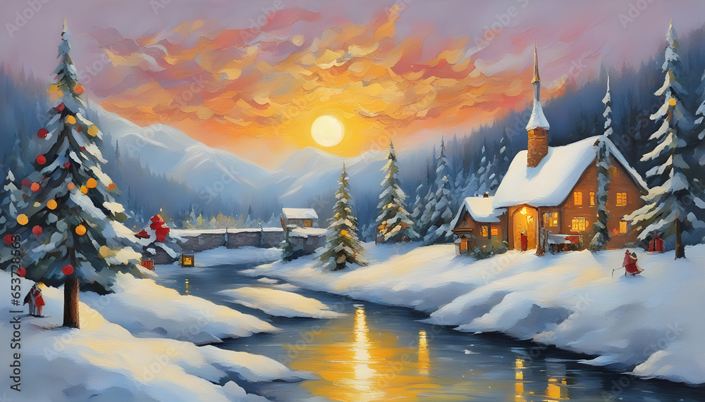 Holidaythemed artwork featuring Santa Claus and his reindeer, ready to embark on their annual