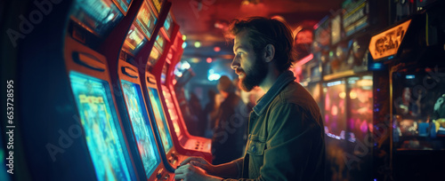 Gamer playing classic arcade game