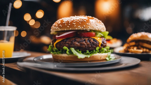 delicious hamburger and french fries at the street restaurants photo