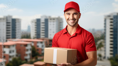 delivery man over cityscape with box in hands, for logistic and shipping cargo service business © zamuruev