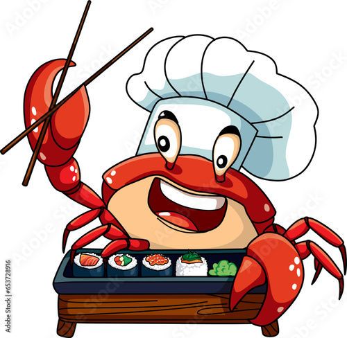 cartoon crab in a chef's hat preparing sushi