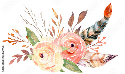 Fototapeta Naklejka Na Ścianę i Meble -  Watercolor Bouquets Collection with hand painted delicate leaves, pink  flowers, roses, feathers Romantic boho  floral arrangements  perfect for wedding greeting cards, invitation.