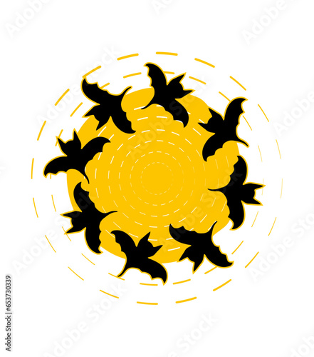 Vector moon and bats in circle. Halloween element doodle icon. Nocturnal animals fly around the moon