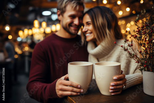 Couple in love drinking coffee at a christmas market. Man and woman holding cups of coffee.