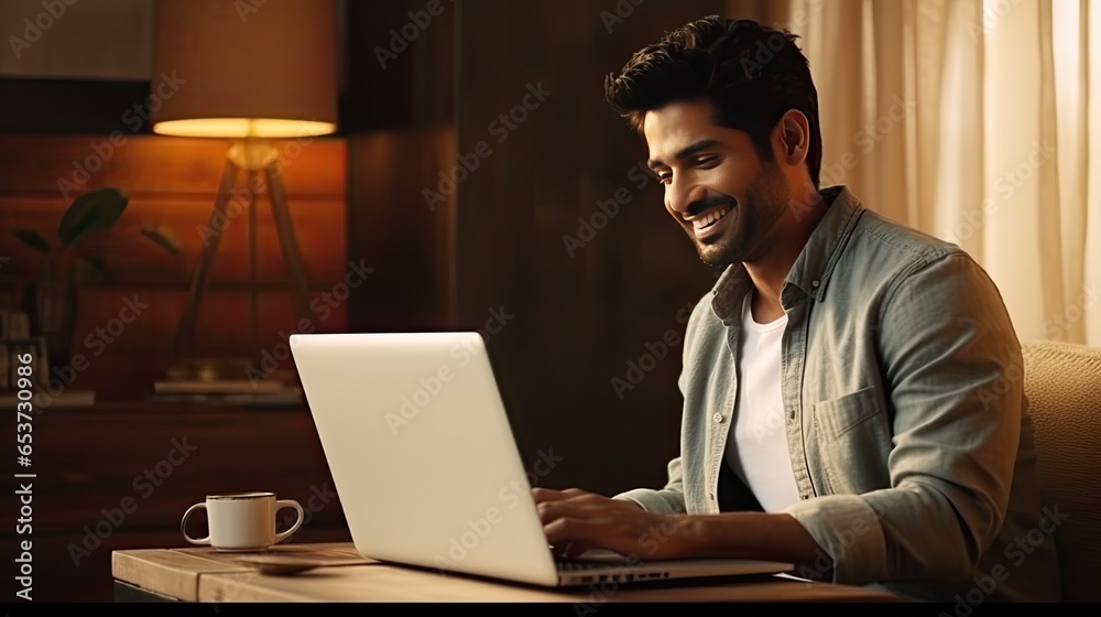 Indian Man Watching Webinar At Home Western Man Learning Online Indian Man Watching Webinar At Home Western Man Learning Online