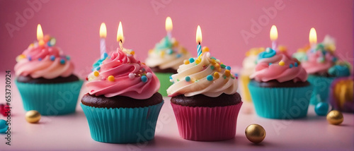 birthday cupcakes with candles and flowers