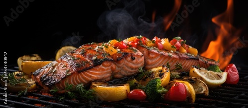 Grilled salmon with vegetable skewers on a flaming grill