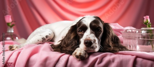 Adorable dog lies down with Valentine s Day decorations photo