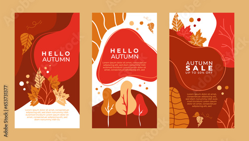 Hello Autumn themed banner and social media story template sets with vibrant colors and space for text brochure flyer advertising template background brown