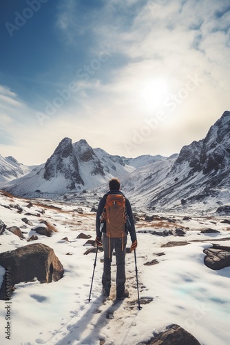 a man hiking alone in a winter mountains with trekking poles | Generative AI