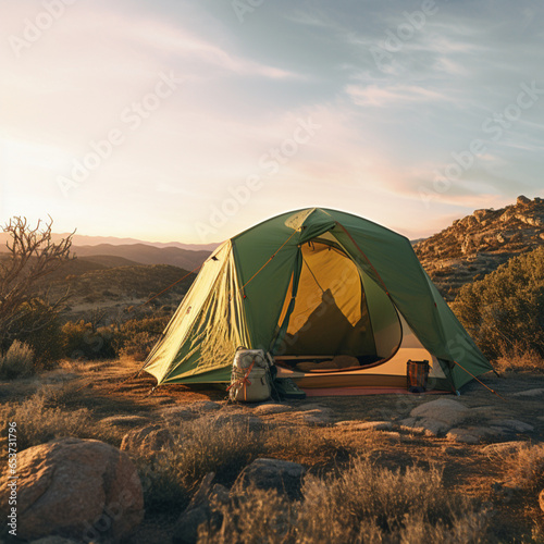 a forest green patagonia camping tent in a southern california mountain desert setting, it's dusk and the sun is setting.