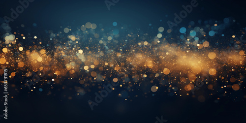 Abstract background blue and gold spark particles. Gold foil texture. Christmas light particles bokeh and navy dark holiday background.