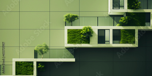 Environment friendly modular house architecture. Green city planning. Lush green plants and modern residential buildings with windows.