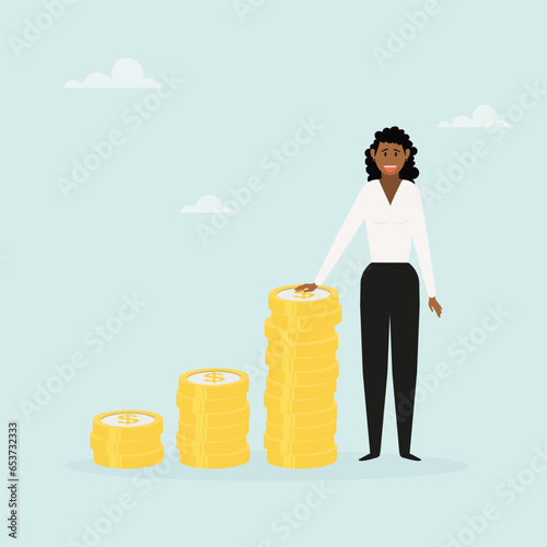 Businesswoman stands next to a pile of coins. Success concept. Businesswoman character vector illustration.

