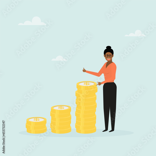 Businesswoman stands next to a pile of coins. Success concept. Businesswoman character vector illustration.
