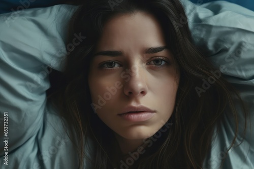 Close up face Unhappy woman having problems in bed ,Generative AI.