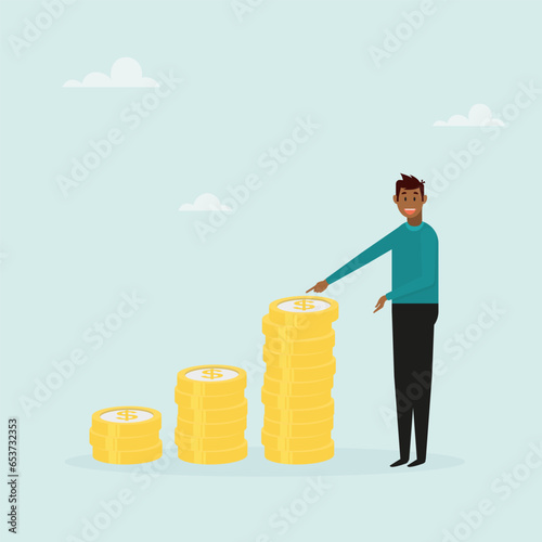 Businessman stands next to a pile of coins. Success concept. Businessman character vector illustration.
