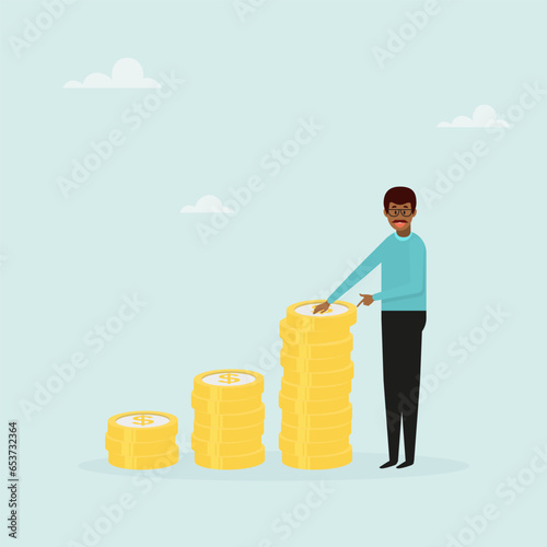 Businessman stands next to a pile of coins. Success concept. Businessman character vector illustration.
