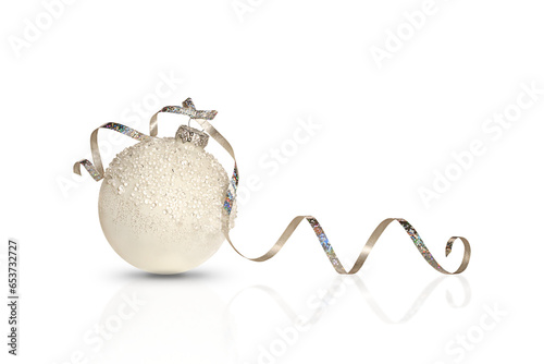 White Christmas ball with sparkles and ribbon on a transparent background with reflection