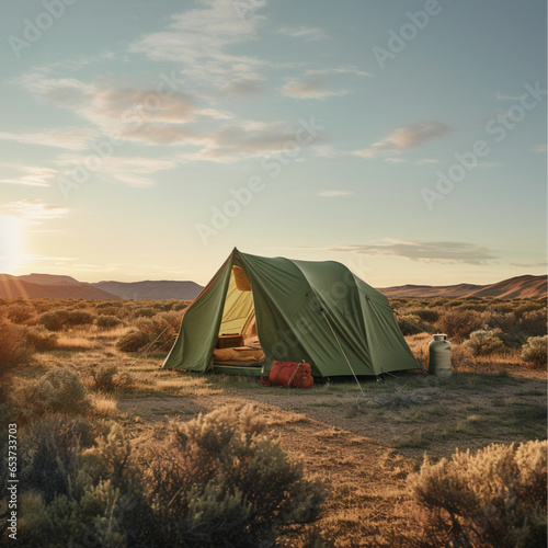 a forest green patagonia camping tent in a southern california mountain desert setting  it s dusk and the sun is setting.