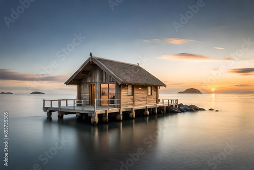 small hut over the lake in sunset