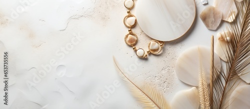 Minimal fashion composition with golden earrings on marble table with mirror and wheat stalks Flat lay top view bijouterie concept on mosaic tile background