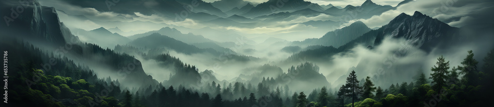 A mystic landscape reveals a forest atop hills and mountains, draped in dark green fog. The enigmatic mist imparts an uncanny, epic quality to the captivating woodland!