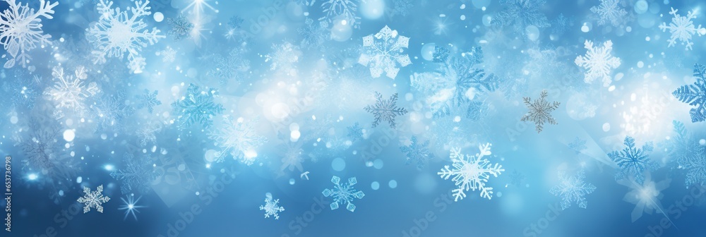 banner Blue and white Christmas background with snowflakes, New year card with copyspace for text.