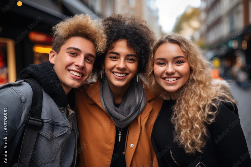Fototapeta premium group of friends. Group of young multiracial friends walking in the city and laughing. Generative Ai