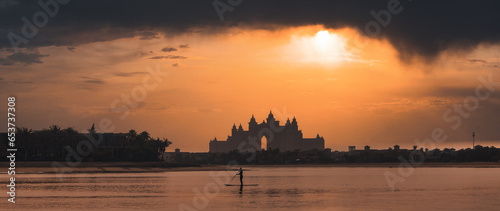 Photography water boarding during sunset with Atlantis the Palm view