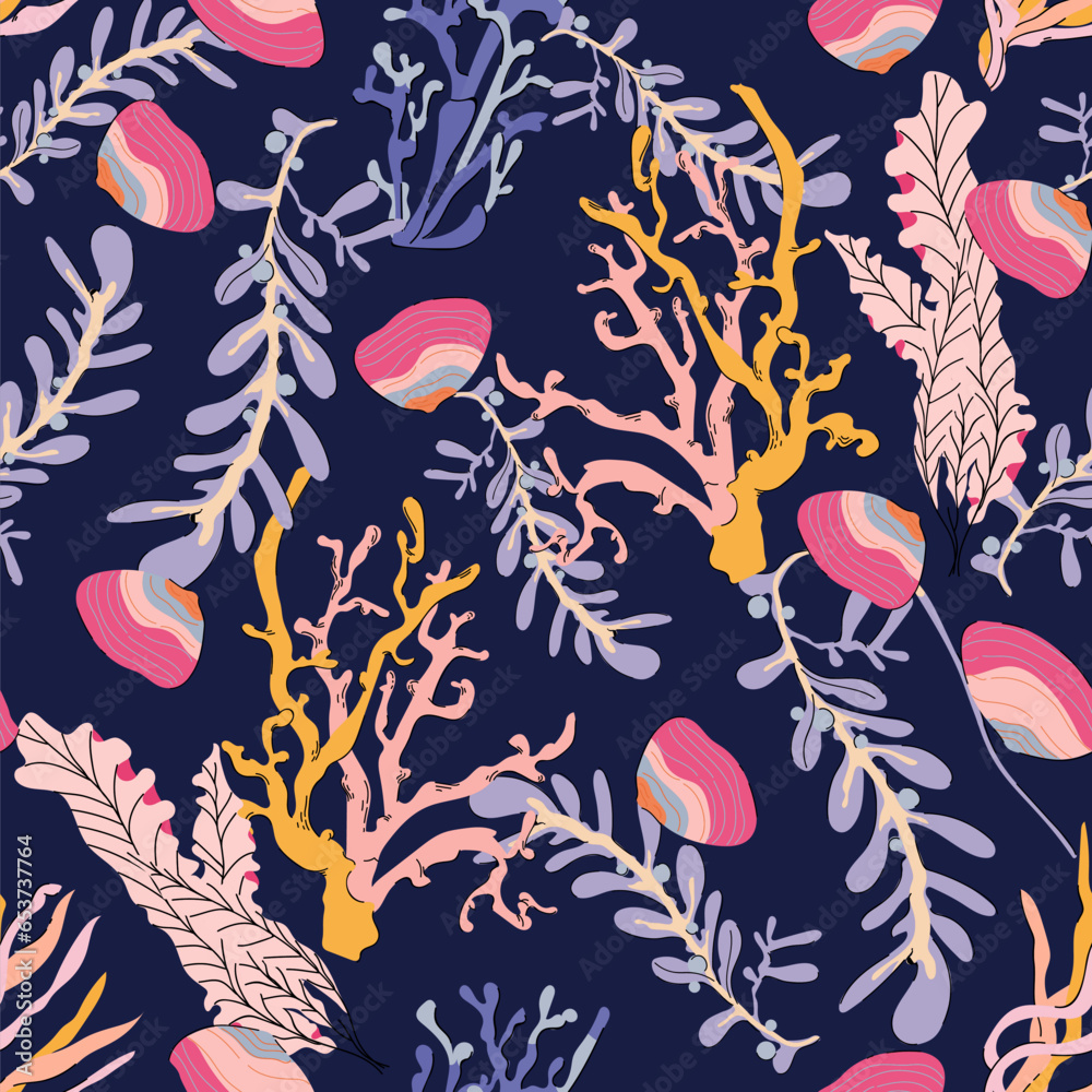 Coral polyps and seaweed seamless vector pattern on purple background ...