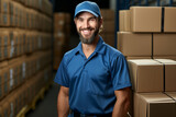 Male worker standing in warehouse full goods. Logistics Distribution Center