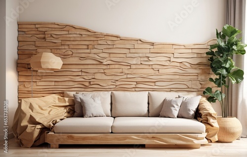 Luxury Beige Sofa on White and Beige Wall, Plant in Trebdy Vase, Modern Living Room Interior, using Generative Ai photo