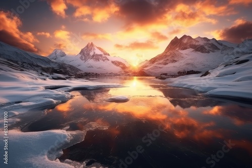 Professional photography of snowy mountains reflecting in a glacial lake