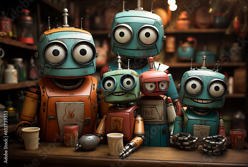 A lovely family of vintage robots, showcasing their retro style and a touch of rust!