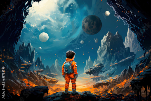 Cosmic exploration takes center stage as young astronauts venture into space, making this illustration perfect for a children's book.