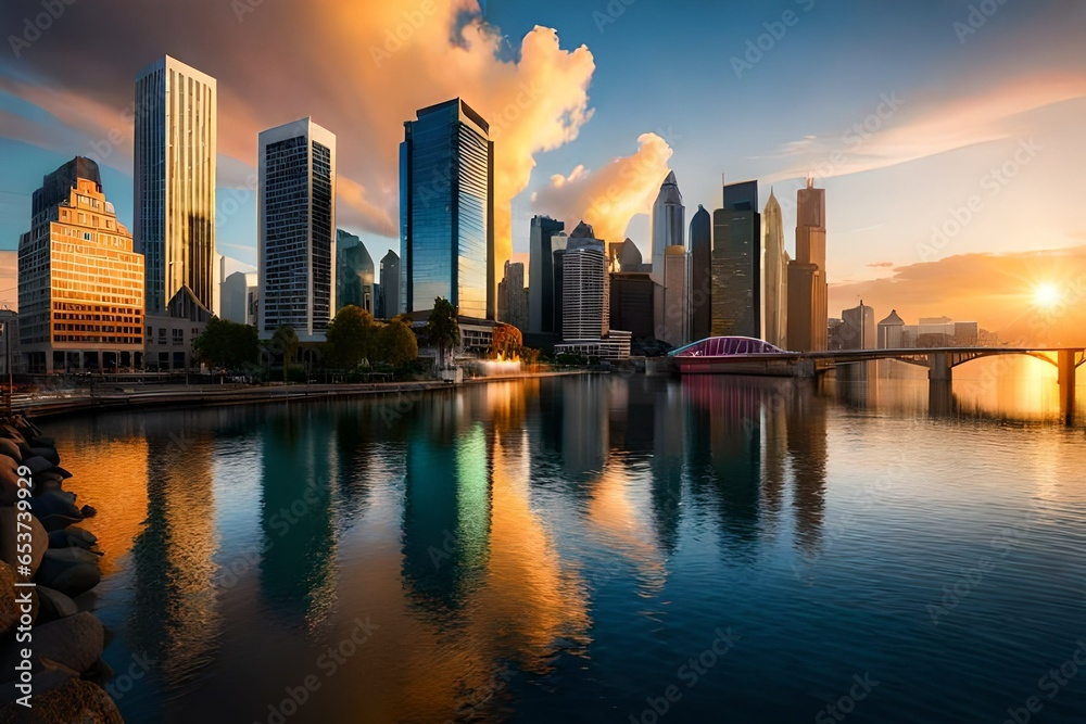 city reflection in water at sunset