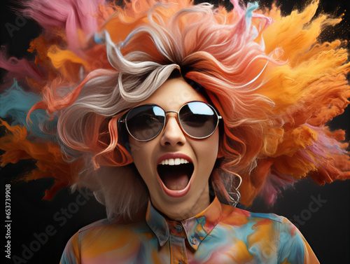 A vivacious young woman, her vibrant, curly locks a riot of color, dons sunglasses and makeup, exuberantly screaming with delight. Against the black backdrop, her colorfulness gets highlighted!